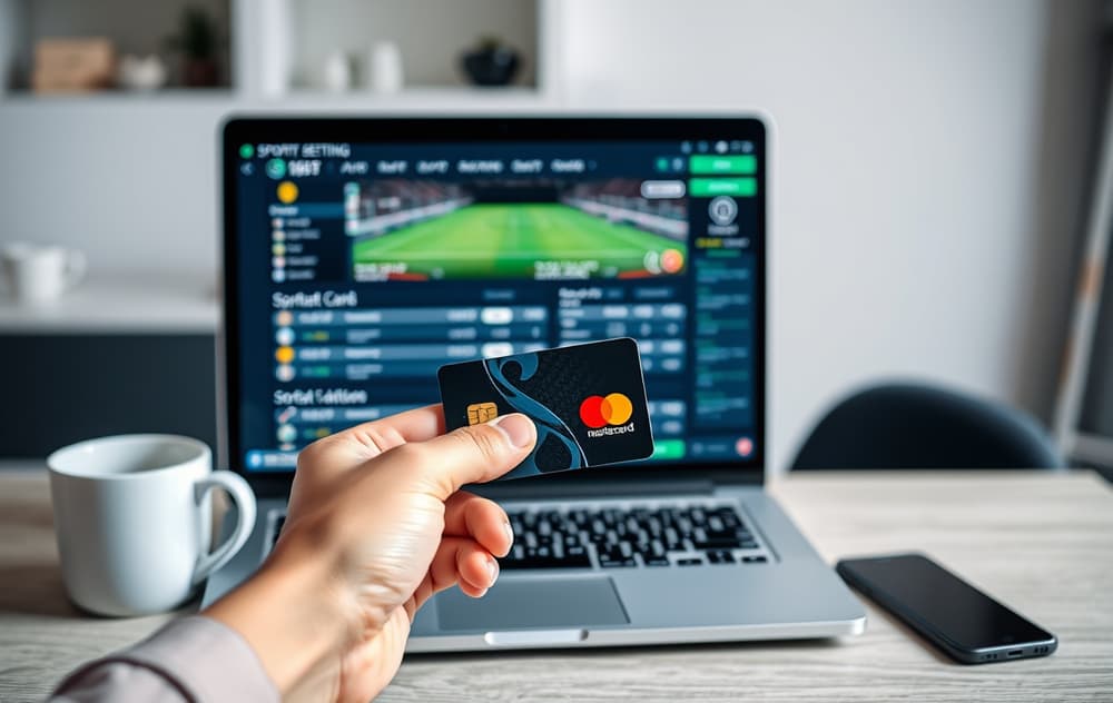 Person som holder et Mastercard-debetkort foran en laptop med et odds-spill vist på skjermen.