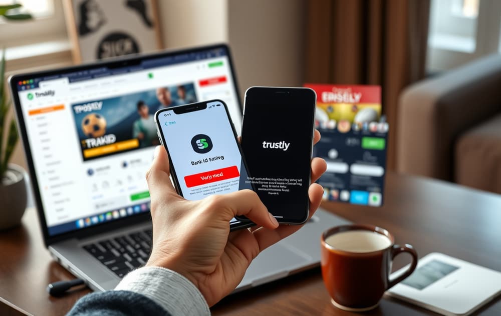 Person verifiserer Trustly-betaling via BankID på mobil foran en laptop med en bookmaker-side