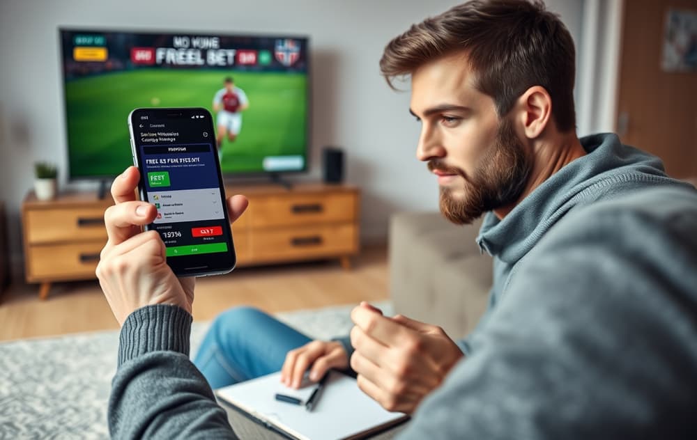 Norsk spiller som bruker gratisspill på en betting-app med fotballkamp på TV
