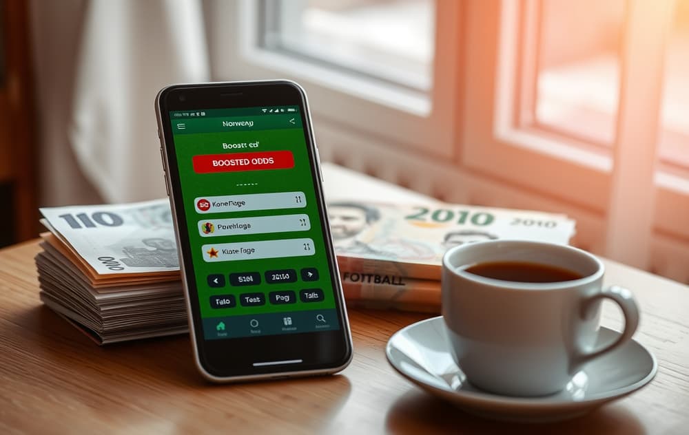 Mobiltelefon med oddsboost på en fotballkamp og norske sedler i bakgrunnen