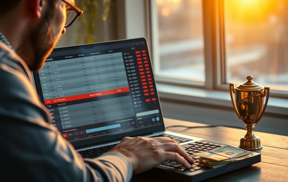 Norsk spiller som analyserer oddskonkurranse på laptop med trofé og kontanter ved siden