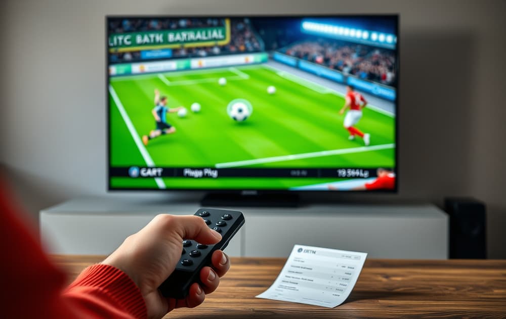 En person som ser på fotballkamp på TV med spillerekvisitter.