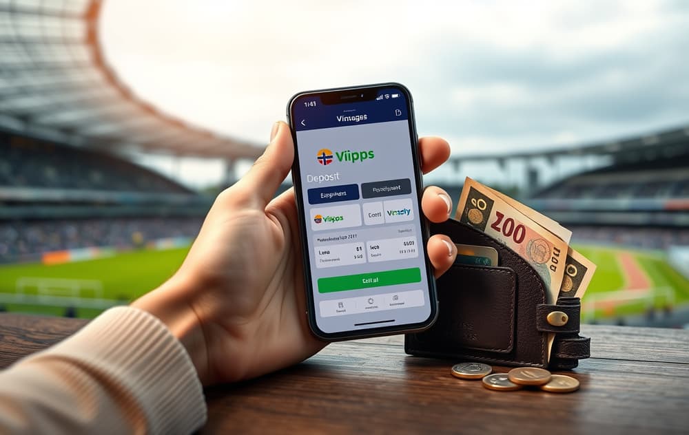 Person med smarttelefon som viser innskuddsside hos bookmaker med Vipps og Trustly, norske pengesedler i bakgrunnen.