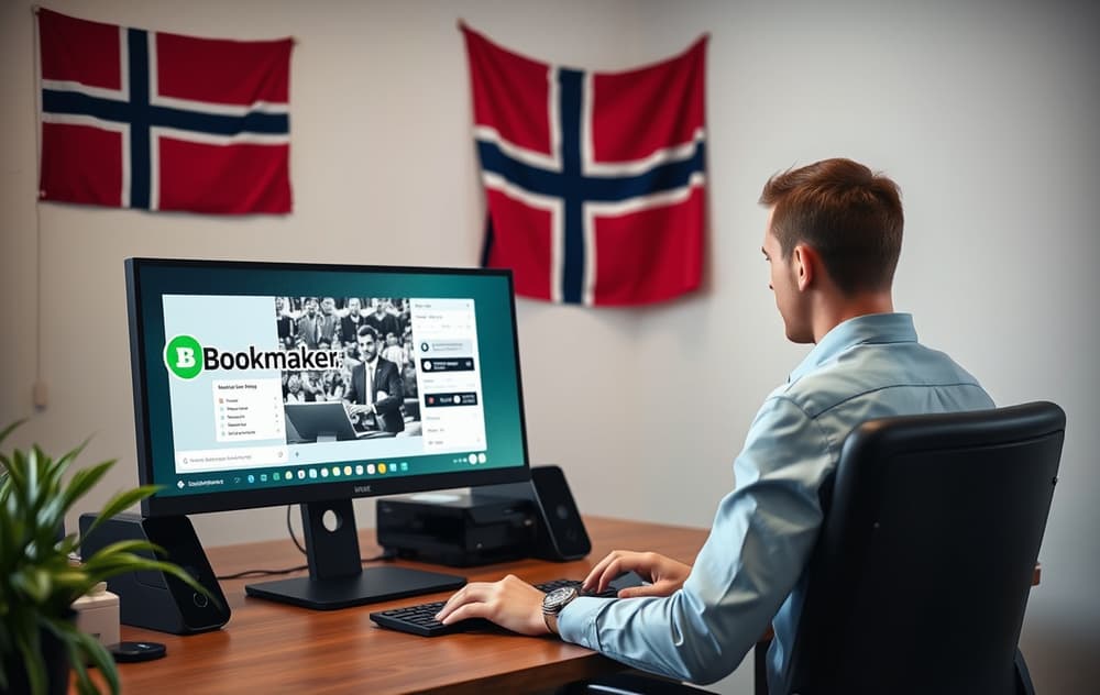Person som chatter med kundeservice hos en bookmaker, norsk flagg på veggen