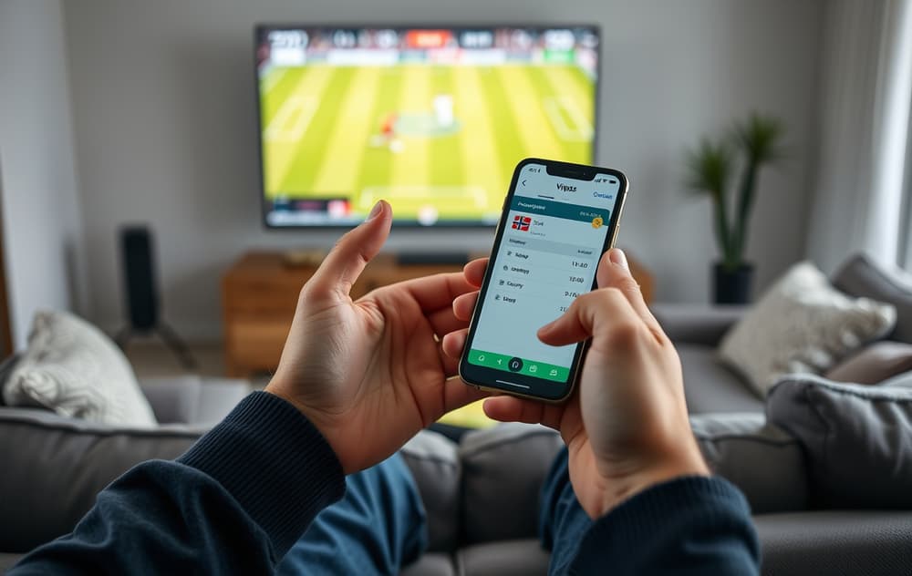 Mann som sjekker odds på mobilen med Vipps-logo og fotballkamp på TV