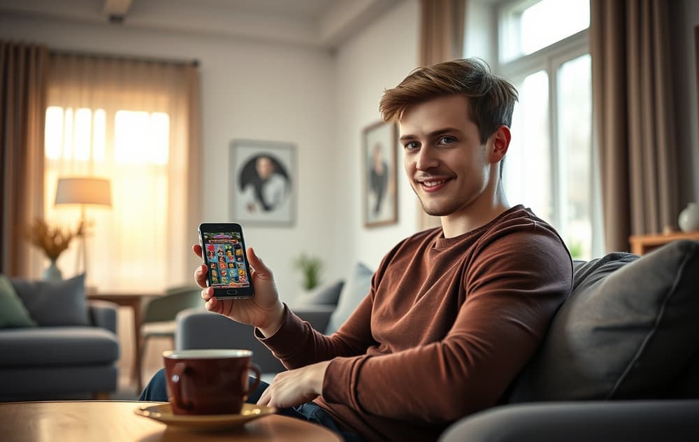 Mann som spiller på mobilen i en stue med kaffekopp – illustrasjon av mobilcasino.