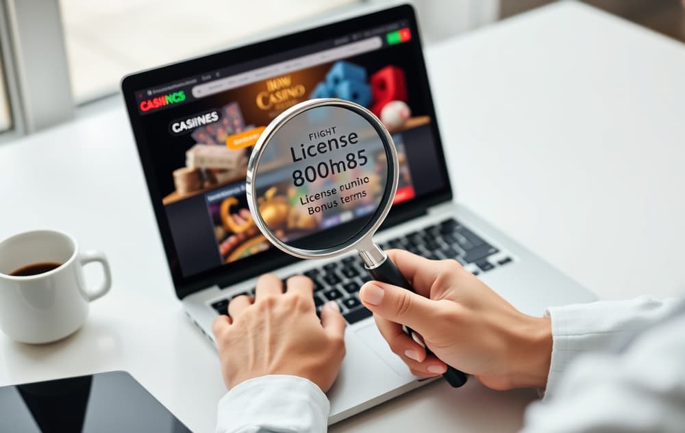 Person som sammenligner casinoer på laptop med forstørrelsesglass over lisens og bonusvilkår.