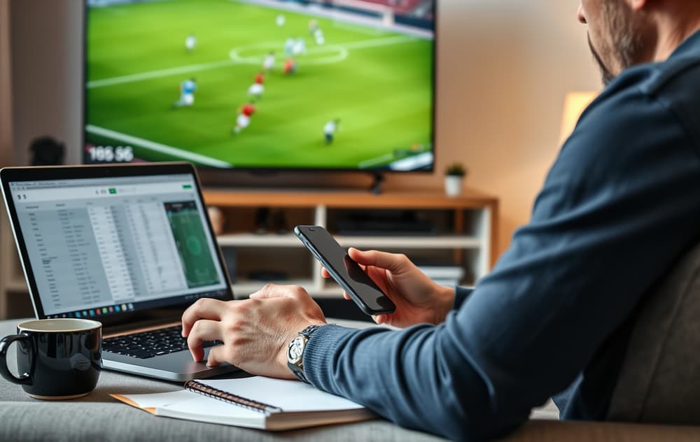 Person som sammenligner fotballodds på laptop og mobil, med fotballkamp på TV i bakgrunnen.
