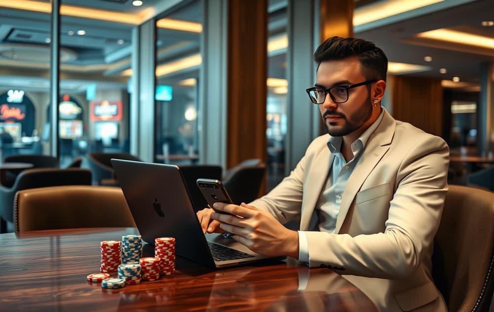 Storspiller ved bord med laptop og sjetonger – illustrasjon av casinoopplevelse.