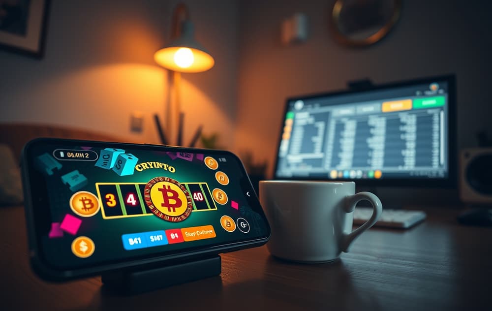 Smarttelefon med kryptocasino og Bitcoin-logoer og kaffekopp.