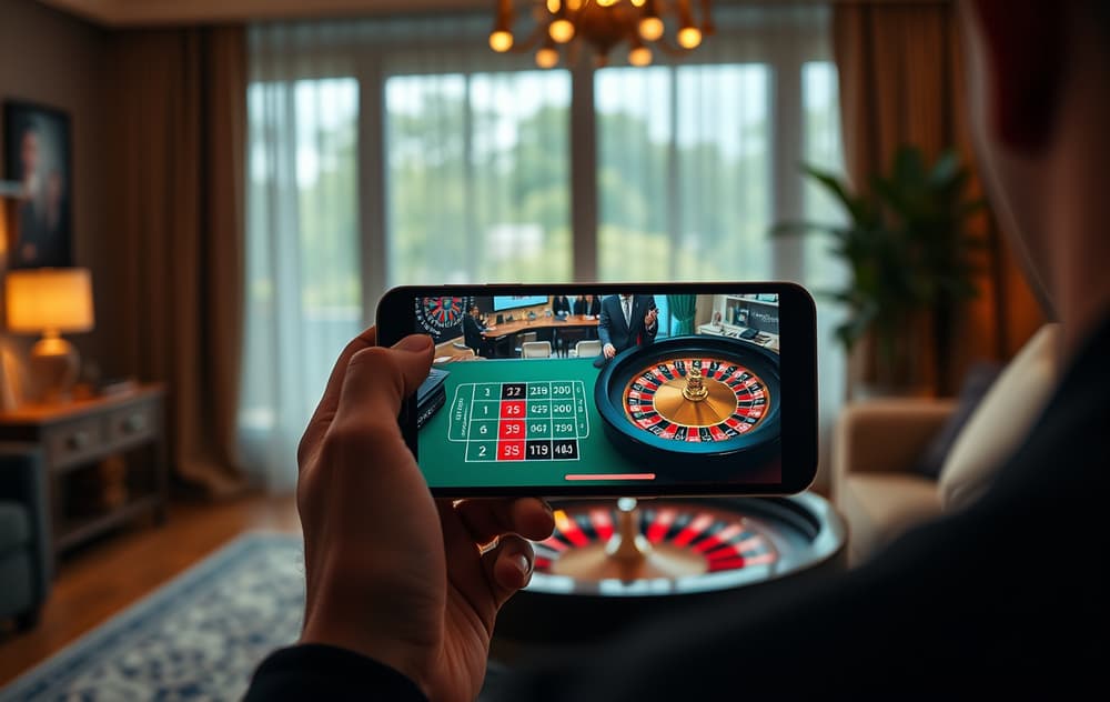 Person som spiller live roulette på mobil med ekte dealer i stuen.