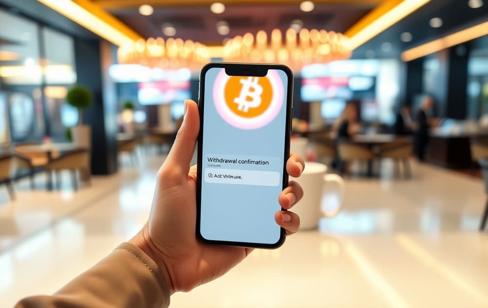 Person med mobil som viser uttaksbekreftelse fra casino, med Bitcoin-symbol i bakgrunnen