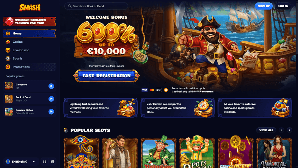 Smash Casino betting app viser live odds på mobil