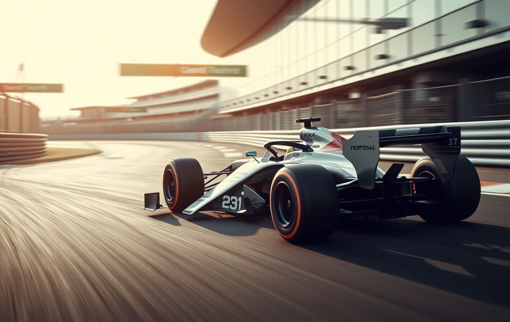 Formel 1-bil i høy fart gjennom sving med pit boards i bakgrunnen