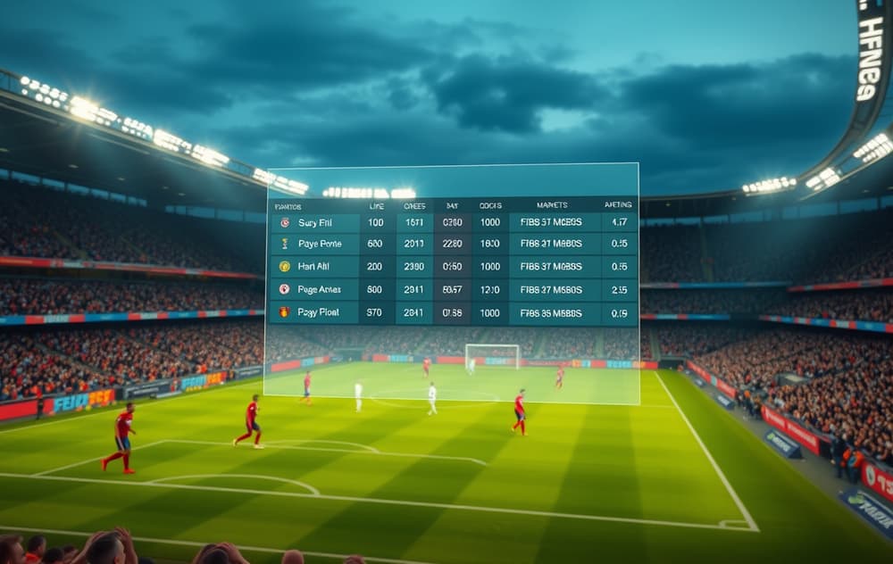 Fotballkamp med live odds og bettingmarkeder vist i forgrunnen