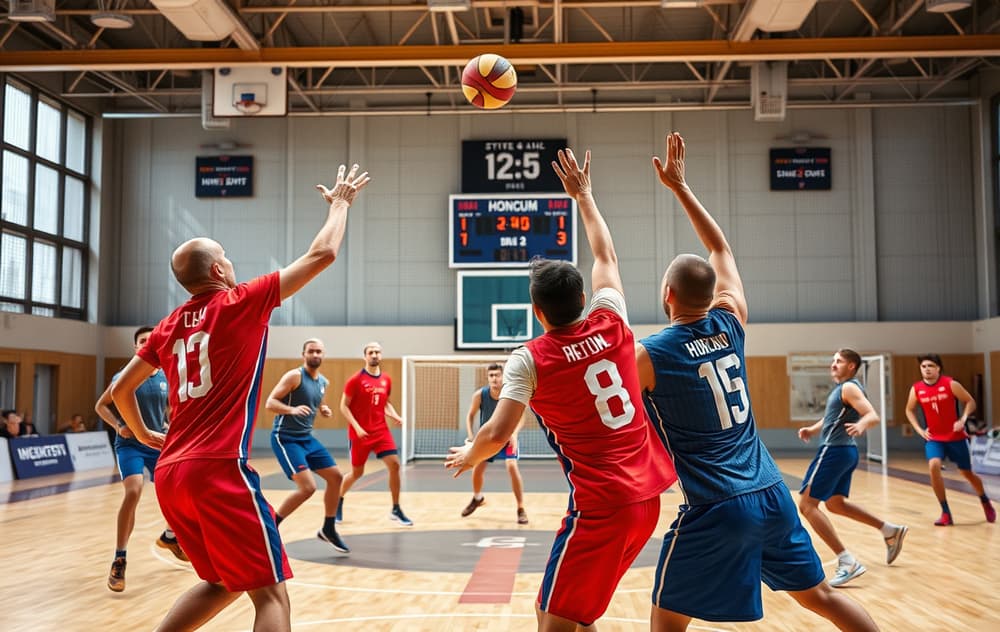 Aksjonsbilde fra en håndballkamp med spillere i luften, scoretavle i bakgrunnen.