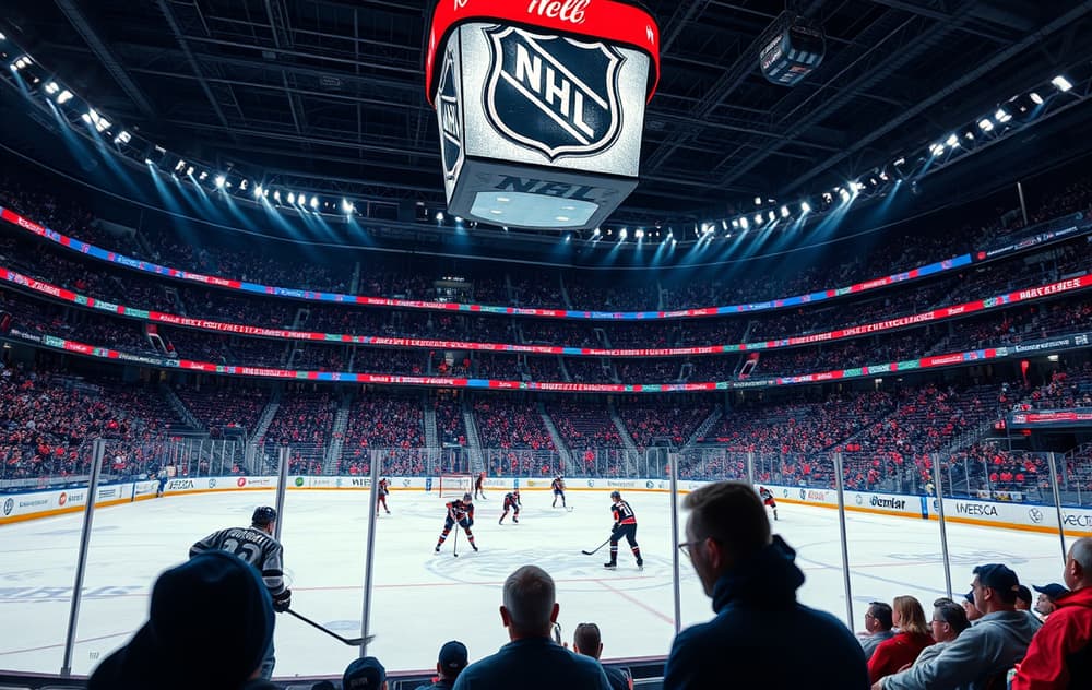 Ishockeyspillere i kamp med oddstall i bakgrunnen – illustrasjon til guide om betting på ishockey.